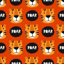 muzzle of tigers, hand drawn backdrop. colorful seamless pattern with muzzles of animals. decorative cute wallpaper, good for printing. overlapping background vector. design illustration, roar