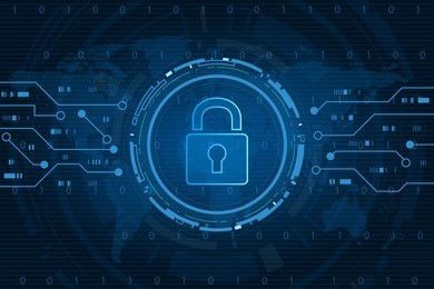 cyber security technology concept , shield with keyhole icon with world map background , personal data , vector illustration.