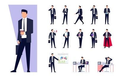 set of business characters isolated on white background. businessman in the workplace. manager is busy different things, goes, stands, works on the pc, speaks on the phone. vector illustration.