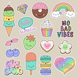 set of girl fashion patches, cute cartoon badges, fun stickers desserts vector, positive thinking words design.
