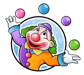 happy clown juggling with balls in many colors