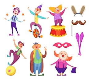 funny clowns characters and different circus accessories. character cartoon clown, comedian and jester performance in costume, vector illustration