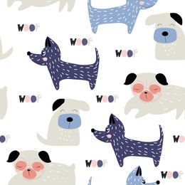 funny dogs seamless pattern. cute kids graphic. vector hand drawn illustration.