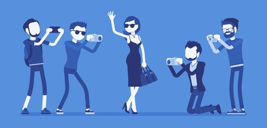 celebrity and journalists. young female elegant star, famous well-known person, newspaper or magazine men photographing her, mass media gathering hot news. vector illustration with faceless characters