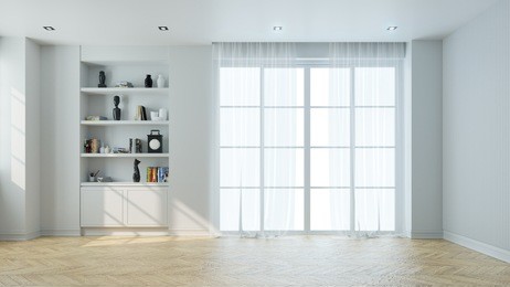 minimalist  interior of living room,empty, parguet flooring and white wall  ,3d rendering