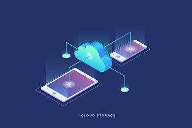 cloud storage, data transfers on internet from gadget to gadget. 3d isometric flat design. vector illustration.