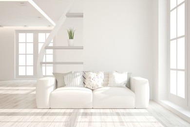 idea of white minimalist room with sofa. scandinavian interior design. 3d illustration