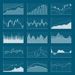 business data financial charts. stock analysis graphics. growing and falling market graphs set. collection of visualization finance chart and diagram information illustration