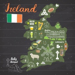 ireland sketch doodles. hand drawn irish elements set with flag and map of ireland, celtic cross, castle, shamrock, celtic harp, mill and sheep, whiskey bottles and irish beer, vector on chalkboard.