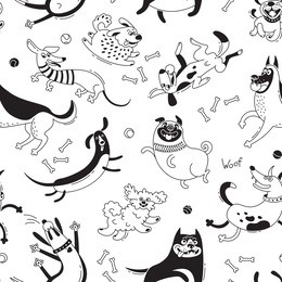 playing dogs seamless pattern. funny lap-dog, happy pug, mongrels and other breeds. vector background for design.