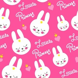 cute baby pattern with little bunny. cartoon animal girl print vector seamless. sweet background for princess birthday party, kids pajamas, nursery diaper, children bedroom textile, clothing fabric.