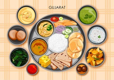 illustration of traditional gujarati cuisine and food meal thali of gujarat india
