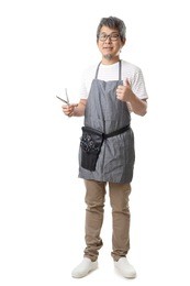 the asian pet groomer standing on the white background.