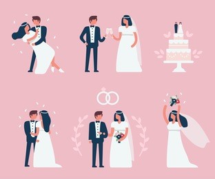 wedding couple stand, dance and celebrate together.minimal flat style vector illustration isolated on white background.