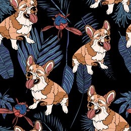 seamless pattern with cute corgi dog, tropical leaves and peony bouton. vector illustration. typography design elements for prints, cards, posters, products packaging, branding