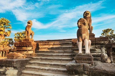 statues of srah srang temple in angkor wat, cambodia
