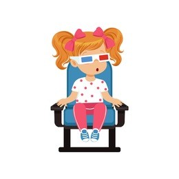 sweet little girl in 3d glasses sitting on a blue chair and watching 3d movie in the cinema vector illustration