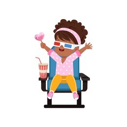 sweet happy african american little girl in 3d glasses sitting on a blue chair and watching 3d movie in the cinema vector illustration