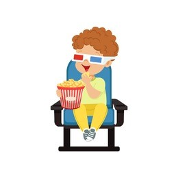 cute little boy in 3d glasses sitting on a blue chair, eating popcorn and watching 3d movie in the cinema vector illustration