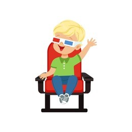happy little boy in 3d glasses sitting on red chair and watching 3d movie in the cinema vector illustration