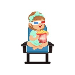 lovely little girl in 3d glasses sitting on a blue chair, eating popcorn and watching 3d movie in the cinema vector illustration