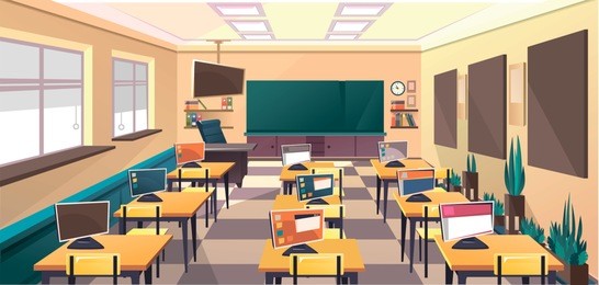 modern flat illustration. education background. empty school classroom. classroom interior. meeting room