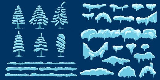 set of snow icicles and snow cap. vector illustration, template in cartoon style. snowy elements tree, spruce, pine on winter background.  isolated on blue background