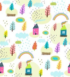 houses and landscape rural seamless pattern background. vector illustration. 