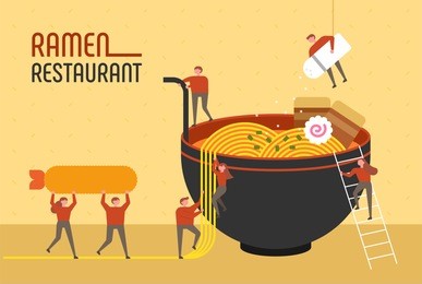 mini people character and giant japan noodle ramen restaurant poster concept vector illustration flat design