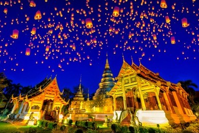 floating lamp and krathong lantern in yee peng festival at wat phra singh temple. this temple contains supreme examples of lanna art in the old city center of chiang mai,thailand.