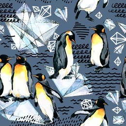 emperor penguin seamless pattern. watercolor arctic ice and ocean background