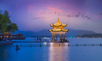 beautiful scenery and architectural landscape in west lake, hang