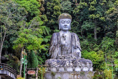 a large buddha statue sits on a mountain edge in the genting highlands in pahang, malaysia, amongst tropical jungle.