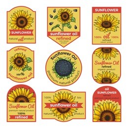 labels for sunflower oil bottle. natural refined oil stickers with sunflower seeds and flowers