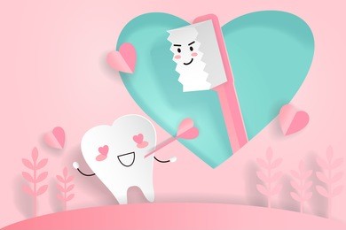 cute cartoon tooth and brush with love concept 