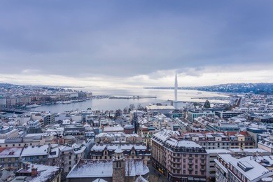 geneva old town in winter, view of geneva from the height of the cathedral of saint-pierre, switzerland