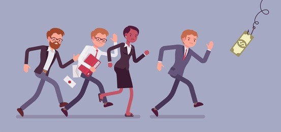 bait for businessmen. people running after a dollar placed on a hook, trap to attract and catch inexperienced workers, trusting quick money. vector business concept flat style cartoon illustration