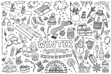 set of winter doodles with lettering. hand drawn vector collection of isolated elements, objects and icons.
