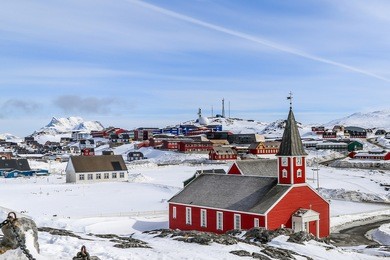 annaassisitta oqaluffia, church of our saviour among snow in historical center of nuuk, greenland