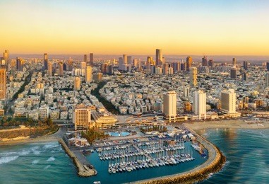 aerial  sun set view of mediterranean seashore of tel aviv,  israel.