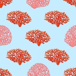 seamless pattern from red and pink corals sea life on white background