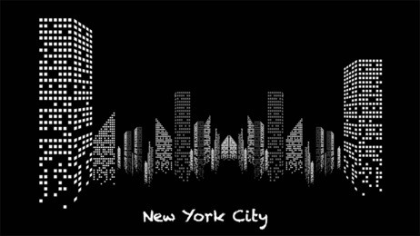 panorama of white and black illuminated building under construction, skyscrapers and flat, light, stage, home, house, art, new york, usa