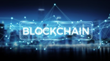 blockchain connection on blurred city background 3d rendering