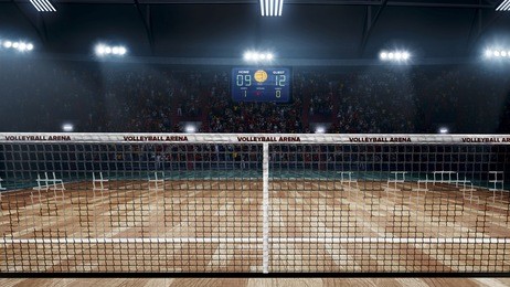 empty professional volleyball court in lights