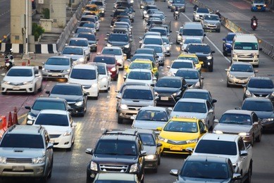 traffic jam in bangkok, thailand, on motion blurred