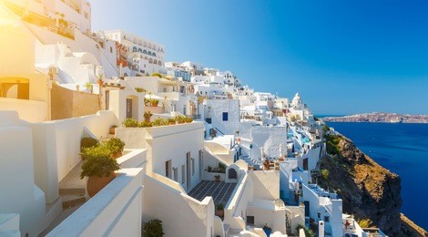architecture of fira town with sea view on santorini island, greece