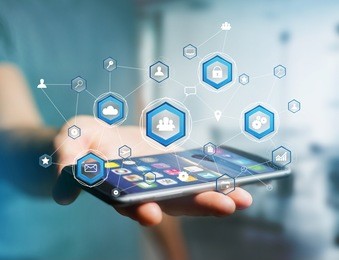 view of a business network connection displayed on a futuristic interface with technology icon - worldwide business concept