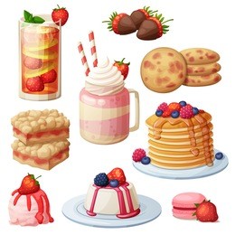 strawberry dessert collection. cartoon style vector icons isolated on white background. berry sweet food illustration set