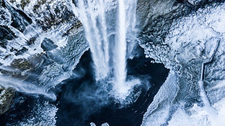 aerial photo of the seljalandsfoss waterfall in winter, iceland, europe.
