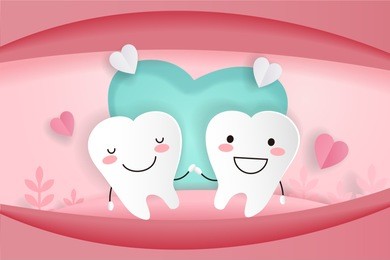 cute cartoon tooth with dental care on the pink background